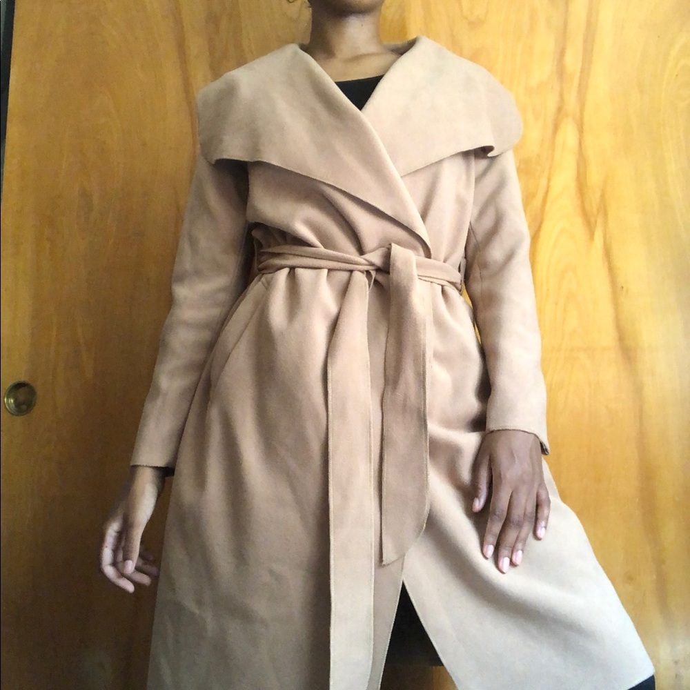 Tan wool-like trench coat with matching belt